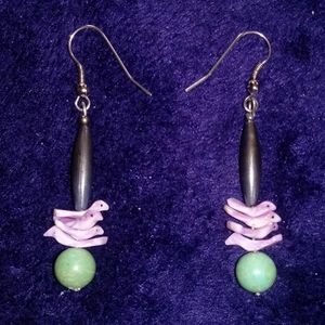 purple birdie earings grey and turquoise accents